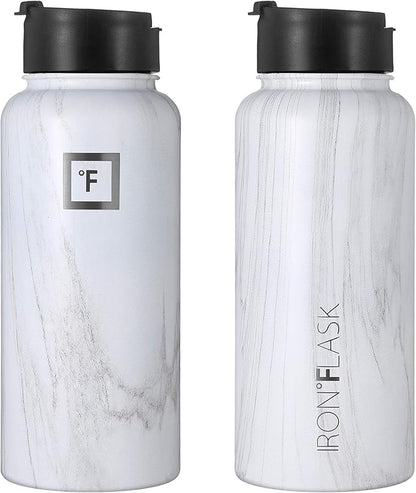 IRON °FLASK Camping & Hiking Hydration Flask, Wide Mouth, 3 Straw Lids, Stainless Steel Outdoor Water Bottle, Double Walled, Insulated Thermos, Metal Canteen - Carrara Marble, 32 Oz