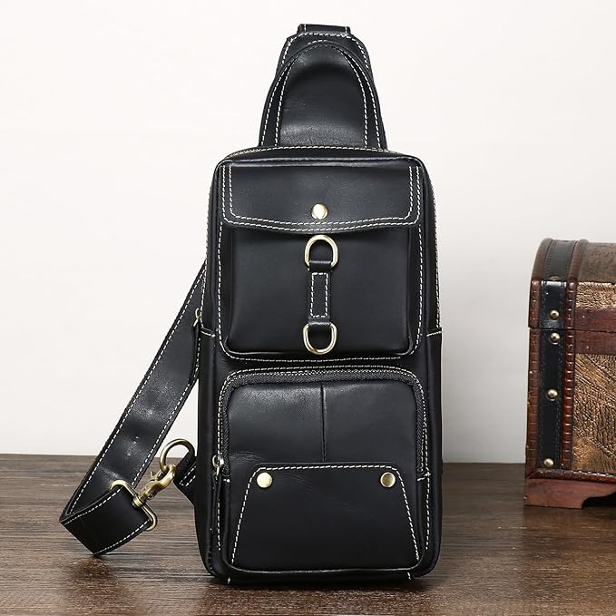 KPYWZER Sling Bag Men Women Genuine Leather Shoulder Backpack Satchel Chest Casual Daypack Crossbody Outdoor Day Pack Backpacks Black
