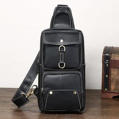 KPYWZER Sling Bag Men Women Genuine Leather Shoulder Backpack Satchel Chest Casual Daypack Crossbody Outdoor Day Pack Backpacks Black