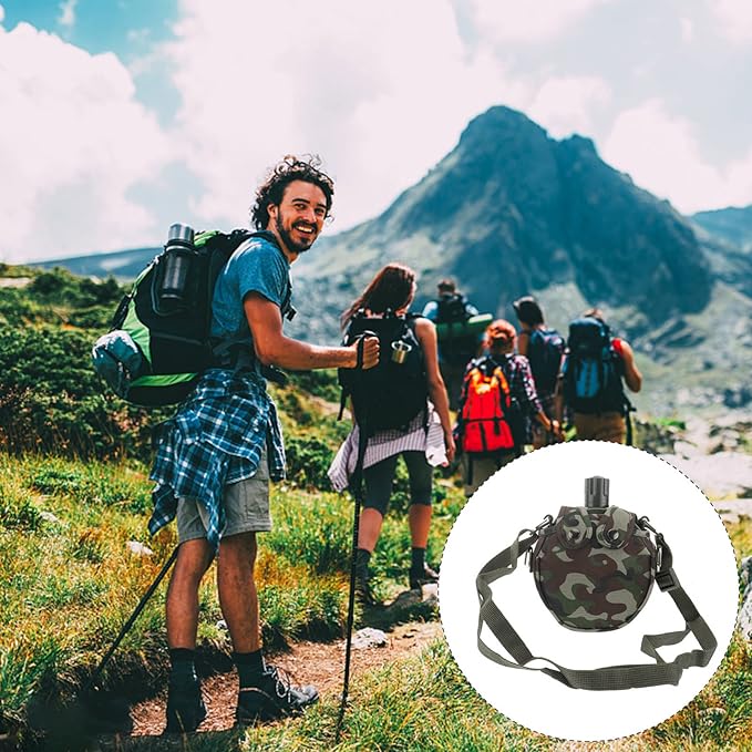 1set Stainless Water Hunting for Canteen Pattern Compact Portable Cap Star Steel Outdoor Hiking Kettle Cover Outdoors with Ml Camouflage Compass Survival Green Outside