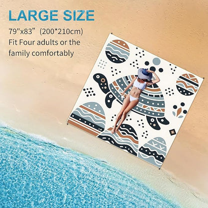 Large Beach Blanket Waterproof Sandproof 79"x 83" for 1-4 Adults,Quick Drying Beach Mat,Lightweight & Durable,Beach Essentials for Family Beach Camping Travel Picnic (Line Turtle)