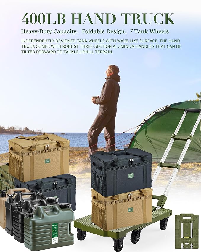 5 Gallon Water Jug and 400 LB Multifunctional Folding Hand Cart,Green Hand Truck,BPA Free Thickened Water Tank,Portable Luggage Cart with 7 Tank Wheels and 2 Bungee Cords,Essential for Camping Hiking