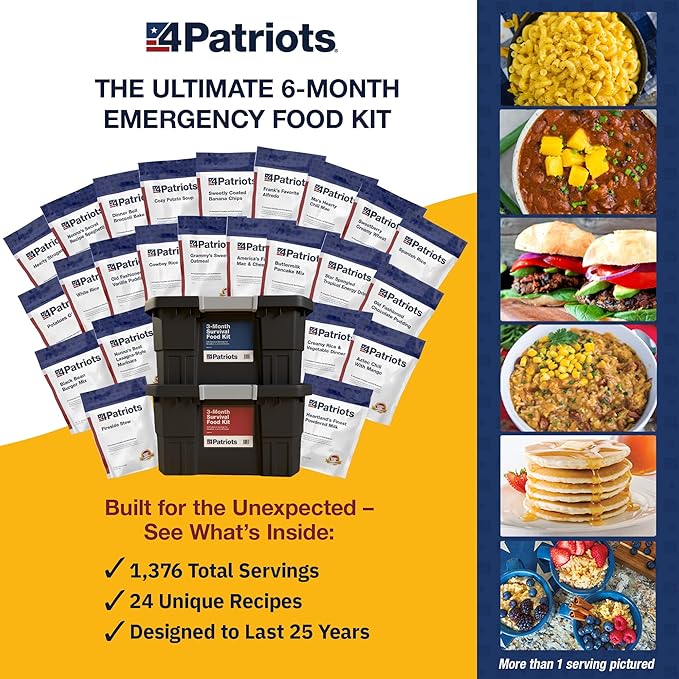 4Patriots 6-Month Survival Food Kit - Emergency Food, Freeze Dried Food, Designed To Last 25 Years, 1,424 Servings Of Breakfast, Lunch, Dinner, 270,080 Calories, Disaster-Resistant Packaging