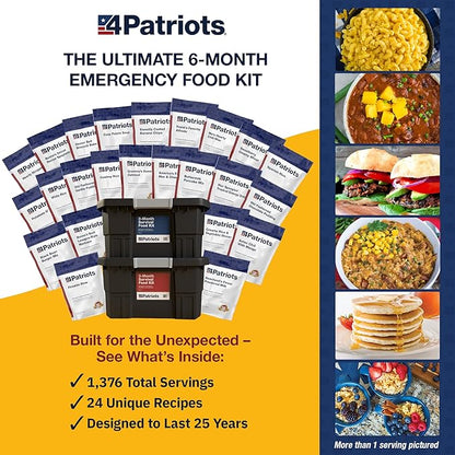 4Patriots 6-Month Survival Food Kit - Emergency Food, Freeze Dried Food, Designed To Last 25 Years, 1,424 Servings Of Breakfast, Lunch, Dinner, 270,080 Calories, Disaster-Resistant Packaging