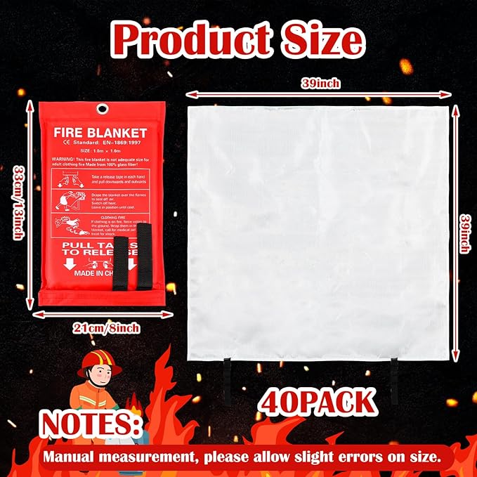 Macarrie 40 Pack 39” x 39” Fire Blanket Emergency Fire Blanket for Home and Kitchen Suppression Blanket Safety Fiberglass Fireproof Blanket Survival for Fireplace Car Office Camping (Red)