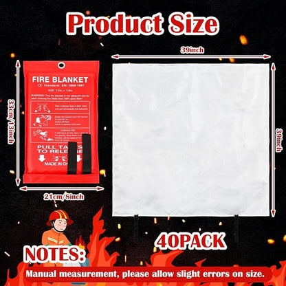 Macarrie 40 Pack 39” x 39” Fire Blanket Emergency Fire Blanket for Home and Kitchen Suppression Blanket Safety Fiberglass Fireproof Blanket Survival for Fireplace Car Office Camping (Red)