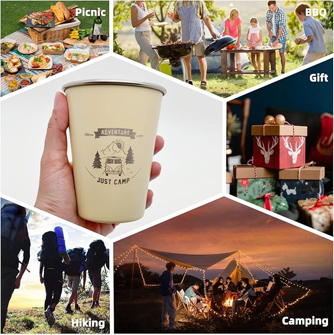 4pcs Camping Cup 11oz Wilderness Theme Pattern 18/8 Stainless Steel for Outdoor Picnic Hiking Fishing Pint cup Tumbler Gift 4 colors