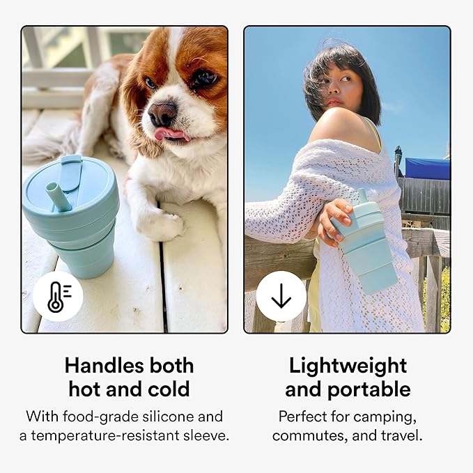 STOJO Collapsible Travel Cup With Straw - Aquamarine, 16oz / 470ml - Reusable To-Go Pocket Size Silicone Cup for Hot and Cold Drinks - Perfect for Camping and Hiking - Microwave & Dishwasher Safe