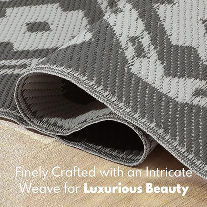Waterproof Outdoor Rug 9x12 ft, Reversible Plastic Straw Rug, Easy to Clean Patio Rug, Portable Carpet for Patio, RV, Deck, Balcony, Backyard, Picnic, Beach, Square Dashed, Gray