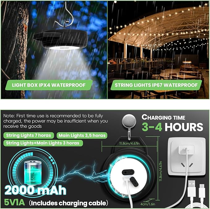 Rechargeable Camping String Lights, Portable Outdoor LED String Light for 2-in-1(32 Ft), Yard Tent Hanging Garden Party Festival Decor Waterproof String Lights