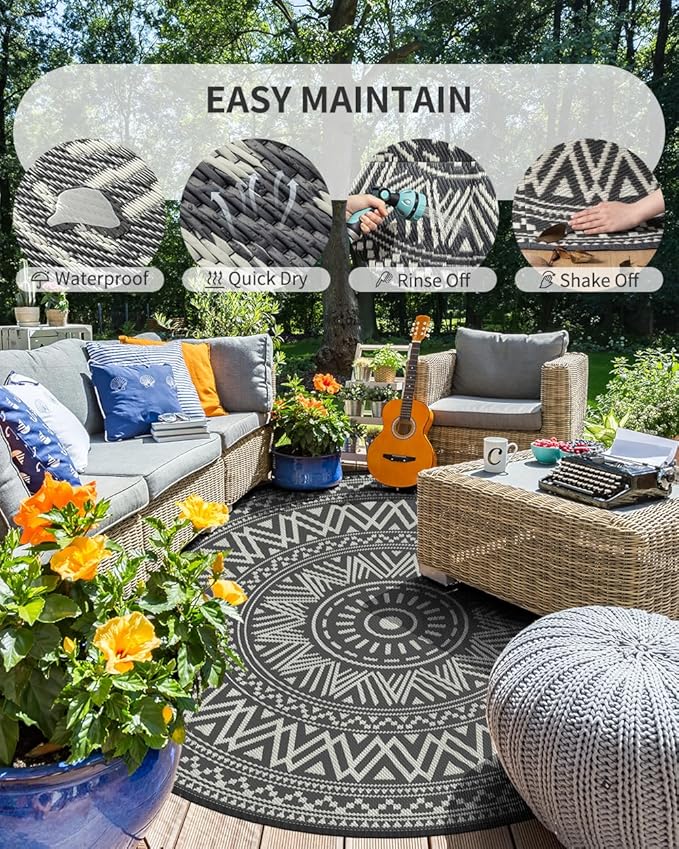 MontVoo Outdoor Rug Carpet Waterproof Round 6ft Outdoor Patio Rug Mat Reverisble Plastic Straw Outdoor Rug for RV Camping Picnic Beach Balcony Boho Grey