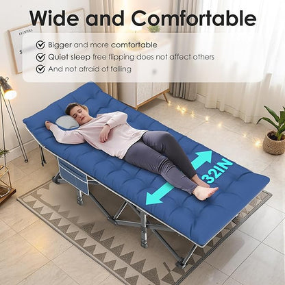 Suteck Camping Cot, 32In XXL Folding Camping Cot Heavy Duty Sleeping Bed for Adults 1200D Double Layer Oxford Cots for Camping W/Pilllow Mat Carry Bag for Home Office Travel 500lbs