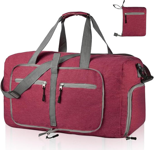 Dimayar 65L Travel Duffle Bag for Men Women - Foldable Duffel Bag with Shoes Compartment - Overnight Bags Waterproof & Tear Resistant(Red)