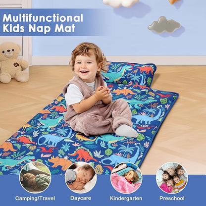 Kids Sleeping Bag Nap Mat with Removable Pillow and Blanket,Extra Thick Large 2 in 1 Slumber Bags for Boys Girls,Toddler Nap Mat for Preschool Daycare Travel Camping