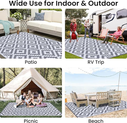 Smiry Waterproof Outdoor Rug 9x12 ft, Reversible Plastic Straw Patio Camping Rugs, Outdoor Indoor RV Mat Carpet for Patio, Outside Entry, Backyard, Deck, Bench, Picnic, Camper, White & Grey