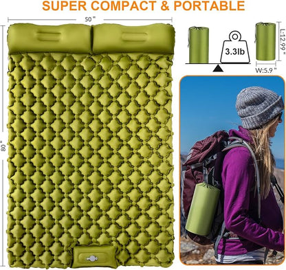 Double Sleeping Pad, Ultralight 4" Extra-Thick Self Inflating Sleeping Mat for 2 Person with Pillow Built-in Foot Pump Portable Camping Mat for Backpacking, Hiking, Traveling (Double Army yellow)