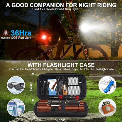 Flashlights 100,000 High Lumens Rechargeable - Super Bright LED Magnetic Flashlight with Sidelight 8 Modes Waterproof Powerful Handheld Flash Light for Emergency (2 Pack with Leather Box, Brown)