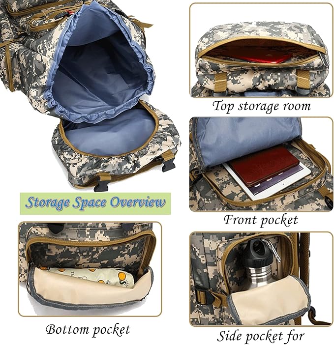 70L Waterproof Hiking Daypack Large Hiking Backpack, Hunting Camping Rucksack Backpack for Men Outdoor Sports Backpack (Plateau Camouflage)