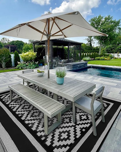 Kohree Outdoor Rug Waterproof 6x9 ft, RV Outdoor Plastic Straw Rug for Patios Clearance,Reversible Area Rug for Camping,Balcony,Deck,Black & Gray