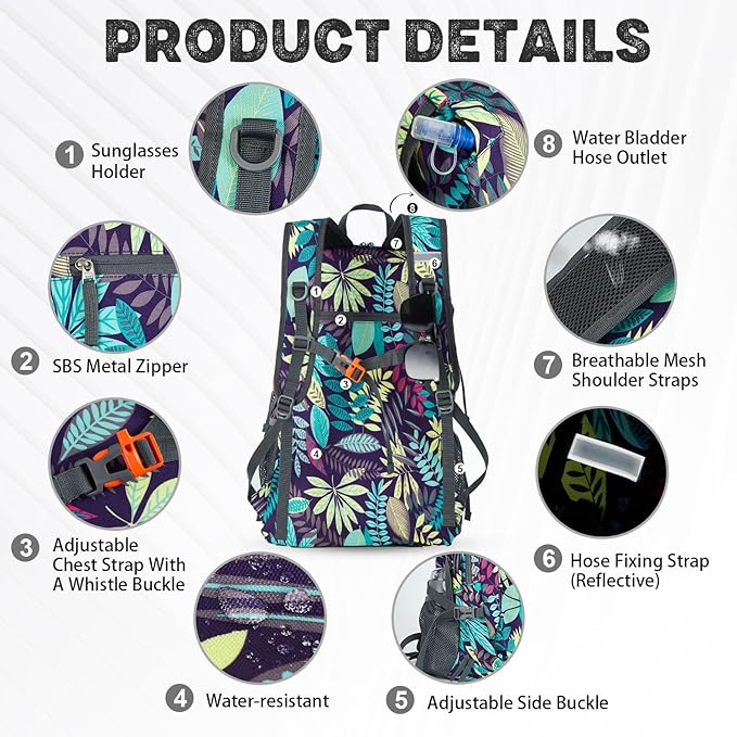 40L Lightweight Hiking Backpack Travel Packable Daypack for Women and Men, Purple Leaf