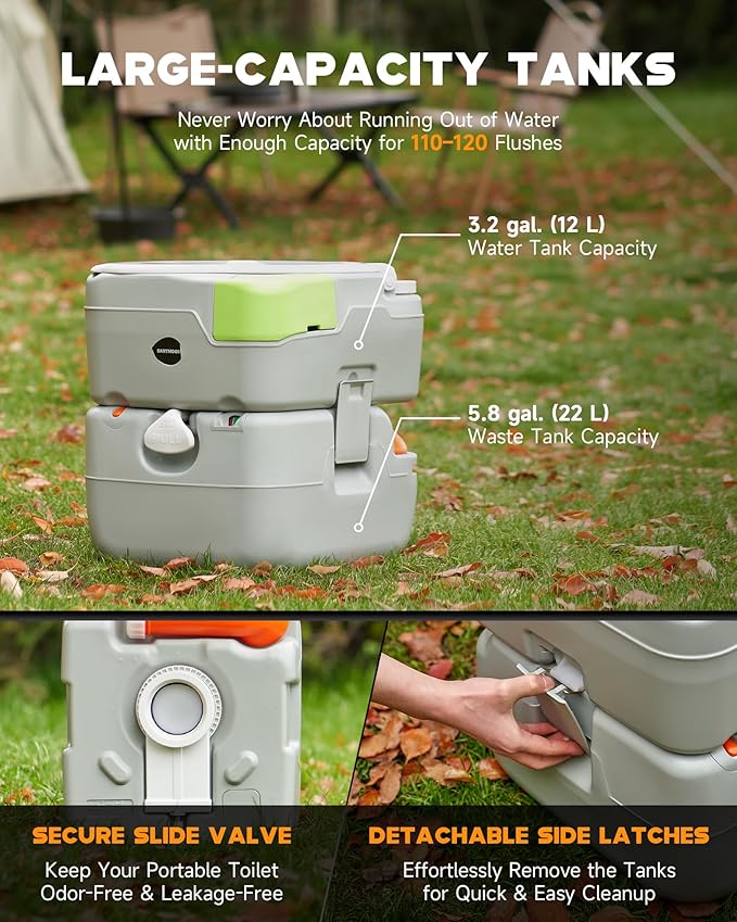 DARTMOOR Portable Toilet, 5.8 gal. RV Toilet for Camping, Outdoor Toilet with Diagonal Seating Piston Pump Sewage Port, Lightweight HDPE Camping Toilet for Hiking Construction Site Road Trip Boating
