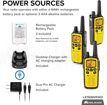Midland 36 Channel FRS Two-Way Radio - Long Range Walkie Talkie, 121 Privacy Codes, NOAA Weather Scan + Alert (Yellow/Black, 3-Pack)