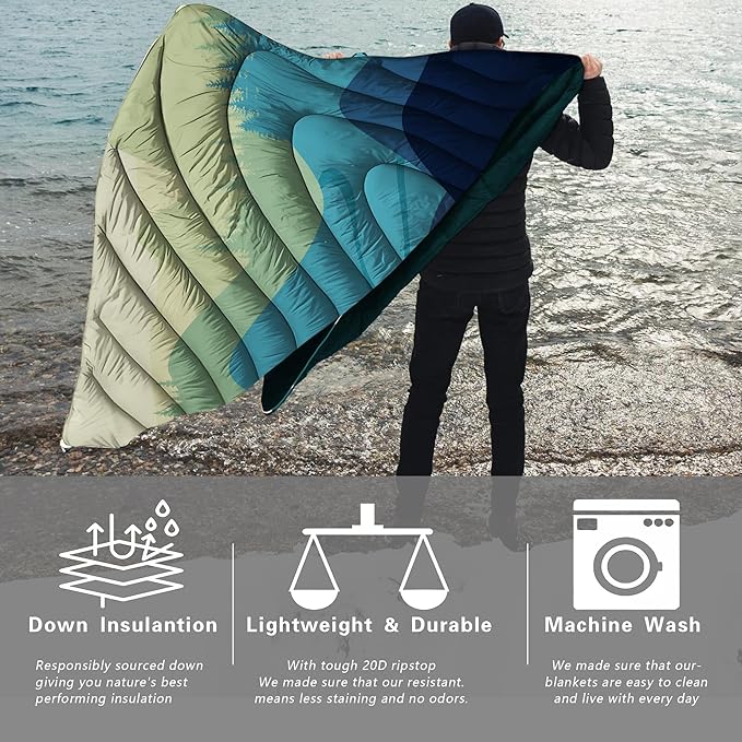 Yizheer Green Mountain Printed Camping Blanket,Lightweight Down Alternative Puffy Camping Blanket Packable Outdoor Blanket for Camping,Traveling, Stad，1-Person, 76" x 54"