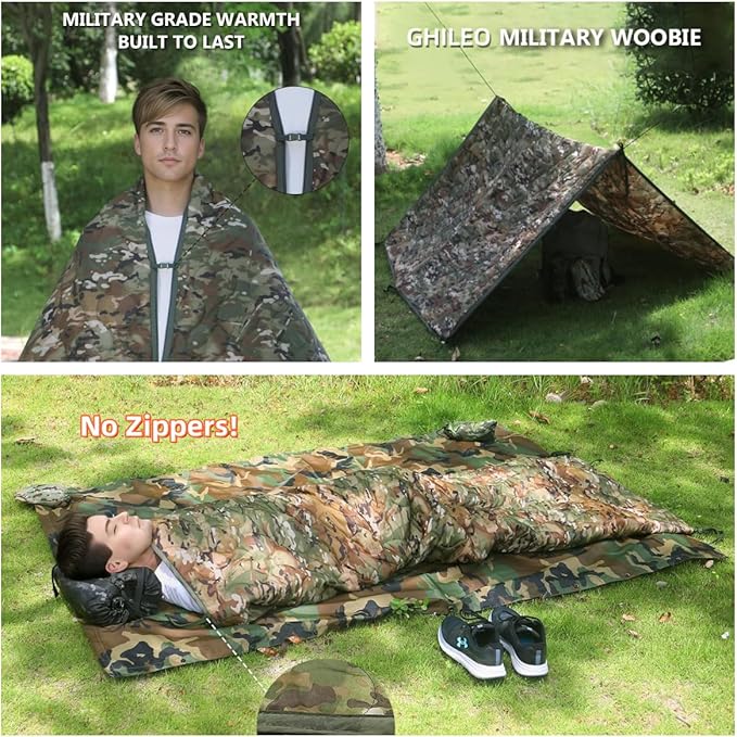 Woobie Blanket, Army Poncho Liner with Zipper, Military Sleeping Bag, with A Compression Carrying Bag, for Hiking, Camping, Outdoor Survival