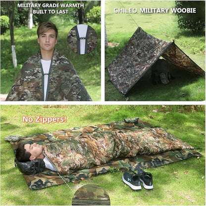 Woobie Blanket, Army Poncho Liner with Zipper, Military Sleeping Bag, with A Compression Carrying Bag, for Hiking, Camping, Outdoor Survival