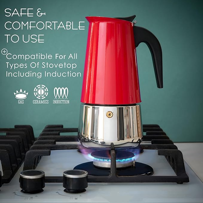 Mixpresso 6 Cup Greca Stovetop Espresso Maker 10oz, Moka Pot with Coffee Percolator Design, Stainless Steel Stove Top Coffee Maker for Camping or Home, Italian Coffee Maker Stovetop Red Coffee Pot