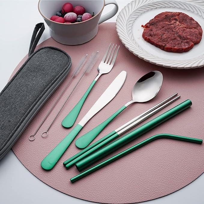 Travel Utensils with Case, Portable Travel Utensils Cutlery Set Stainless Steel Flatware Set for Camping 8pcs Including Dinner Knife Fork Spoon Chopsticks Boba Straw (Green)
