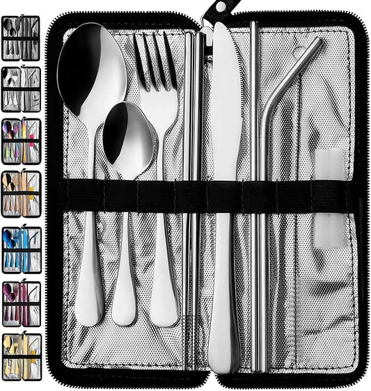 VANDBAO Portable Travel Utensils, Reusable Silverware with Case for Fixing Tableware, 9 Pieces Stainless Steel Stable Flatware Set, Camping Picnic Cutlery Set (Silver Set)