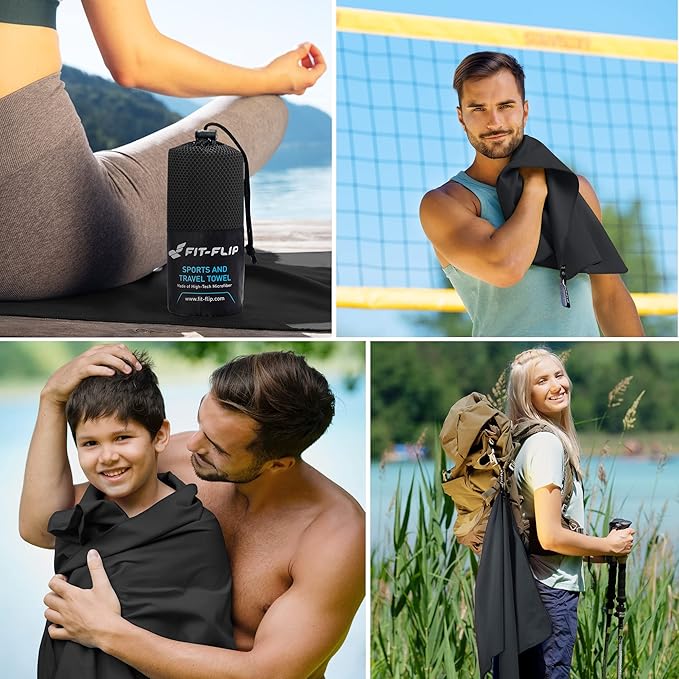 Fit-Flip Travel Towel - Compact & Ultra Soft Microfiber Camping Towel - Quick Dry Towel - Super Absorbent & Lightweight for Sports, Beach, Gym, Backpacking, Hiking and Yoga