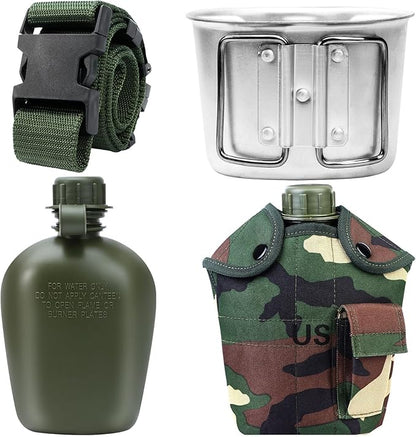 1 Quart Canteen Kit Portable Canteen Hydration Canteens Water Bottle with Reinforced Nylon Bottle Pouch Cover Bag,Aluminum Cup and Waist Belt for Backpacking Hiking Camping Climbing Outdoor Activities