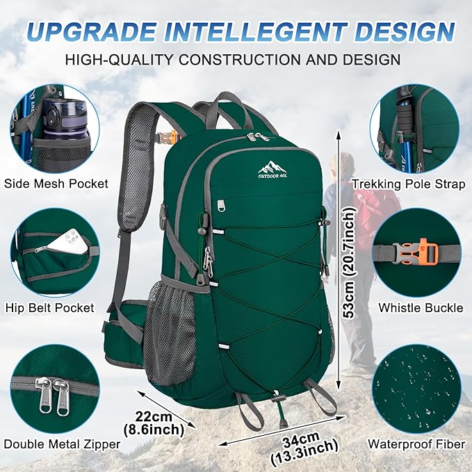 BKNOOU 40L Lightweight Hiking Backpack Packable Camping Backpack Waterproof Hiking Daypack Men Women Foldable Travel Daypack