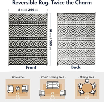 Waterproof Outdoor Rug 8x10 ft, Reversible Plastic Straw Rug, Easy to Clean Patio Rug, Portable Carpet for Patio, RV, Deck, Balcony, Backyard, Picnic, Beach, Geometric Diamond, Gray