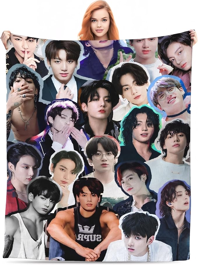 Jungkook Blanket Jeon Jung Kook Soft and Comfortable Warm Fleece Throw Full Picture of Idol Group Blankets 50"X60" Beach Blankets Gift for Dorm Room Decor Sofa Bed Camping Travel