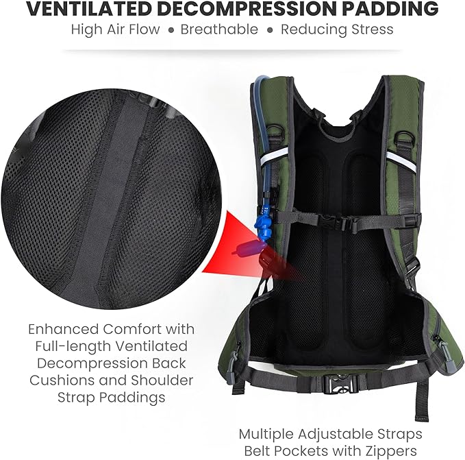 Hydration Backpack Daypack | Hiking Biking | Water Bladder Included | Insulated Pocket | Lightweight | Adjustable