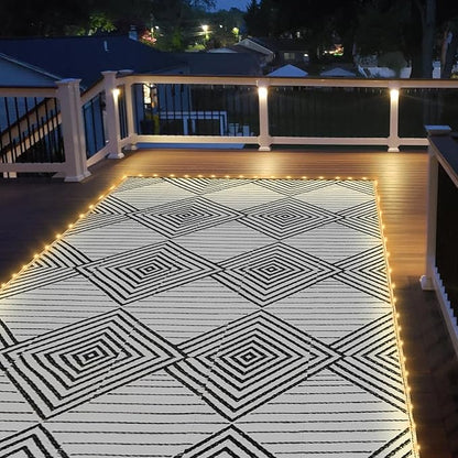 8x10ft Waterproof Outdoor Rug with LED Lights, Foldable Reversible Plastic Straw Mat for Patio RV Camping Picnic Balcony Beach Deck Indoor Outdoor Carpet, Black&White