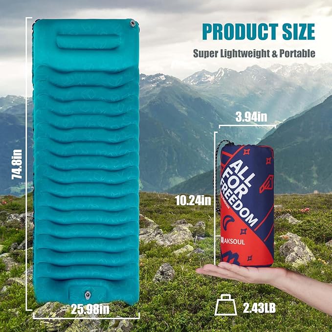 AKSOUL Sleeping Pad Ultra-Thick - Inflatable Sleep Mat, Lightweight & Compact 4.72 in Air Mattress with Pillow, Self-Inflating with Built-in Foot Pump for Traveling, Hiking, Camping (Blue)