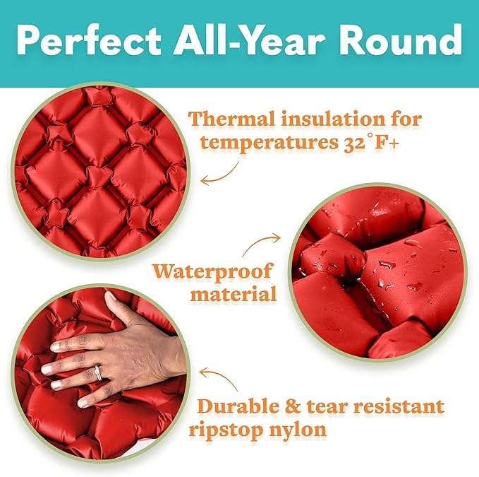 Sleeping Pad for Camping - Ultralight Sleeping Mat for Camping, Backpacking, Hiking - Lightweight, Inflatable Air Mattress - Compact Camping Mats for Sleeping-red with Black back-1pk