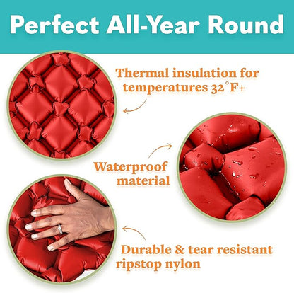 Sleeping Pad for Camping - Ultralight Sleeping Mat for Camping, Backpacking, Hiking - Lightweight, Inflatable Air Mattress - Compact Camping Mats for Sleeping-red with Black back-1pk