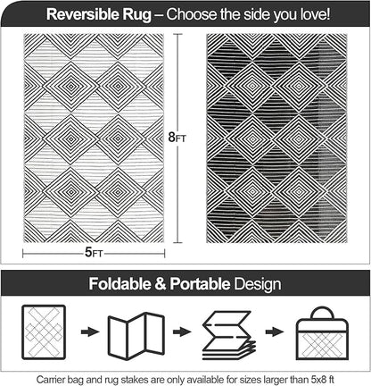 Waterproof Outdoor Rug 5x8ft, Foldable Reversible Plastic Straw Mat for Patio RV Deck Porch Backyard Balcony Camping Picnic Beach Indoor Outdoor Carpet, Black&White