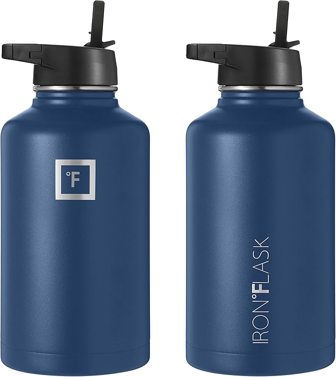 IRON °FLASK Camping & Hiking Hydration Flask, Wide Mouth, 3 Straw Lids, Stainless Steel Outdoor Water Bottle, Double Walled, Insulated Thermos, Metal Canteen - Twilight Blue, 64 Oz