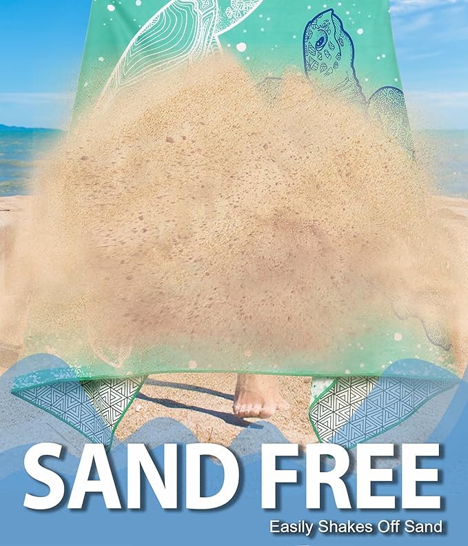 Microfiber Beach Towel – Green Turtle Quick Dry Lightweight Sand Free Oversized Large Accessories Travel Must Have Swim Pool Yoga Camping Gear Summer Cruise Ship Essentials Cloud Compact Gift 71''32''