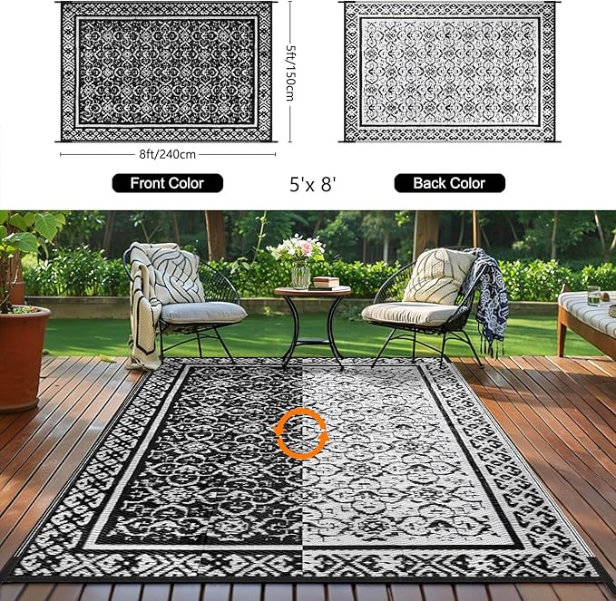 Outdoor Patio Plastic Straw Rug - 5'x8' Outdoor Camping Rug Waterproof Reversible, Area Carpet Patios Clearance RV, Outside Porch Balcony Deck for Camper, Classic Black & White