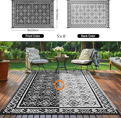 Outdoor Patio Plastic Straw Rug - 5'x8' Outdoor Camping Rug Waterproof Reversible, Area Carpet Patios Clearance RV, Outside Porch Balcony Deck for Camper, Classic Black & White