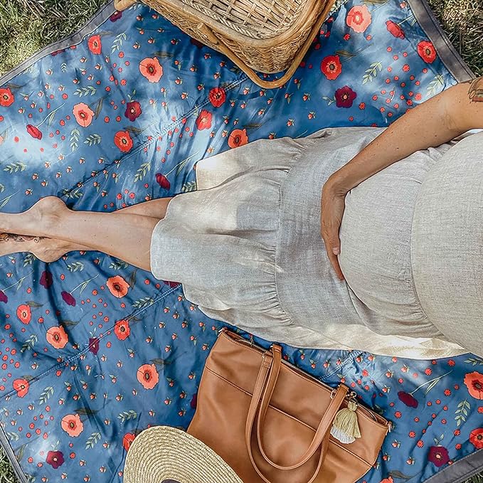 Little Unicorn Outdoor Family Picnic & Beach Blanket, Water-Resistant, Compact Fold, XL Size, 5 x 10 feet, (Midnight Poppy)