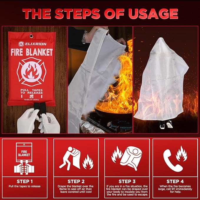 Emergency Fire Blanket 4 Pcs, 40" x 40" Fiberglass Suppression Blanket Portable Fire Extinguisher Blanket for Kitchen, Retardant Protection Emergency Safety Blanket for Home Car and Camping