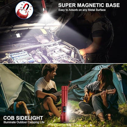 Flashlights 100,000 High Lumens Rechargeable - Super Bright LED Magnetic Flashlight with Sidelight 8 Modes Waterproof Powerful Handheld Flash Light for Emergency (1 Pack with Leather Box, Red)